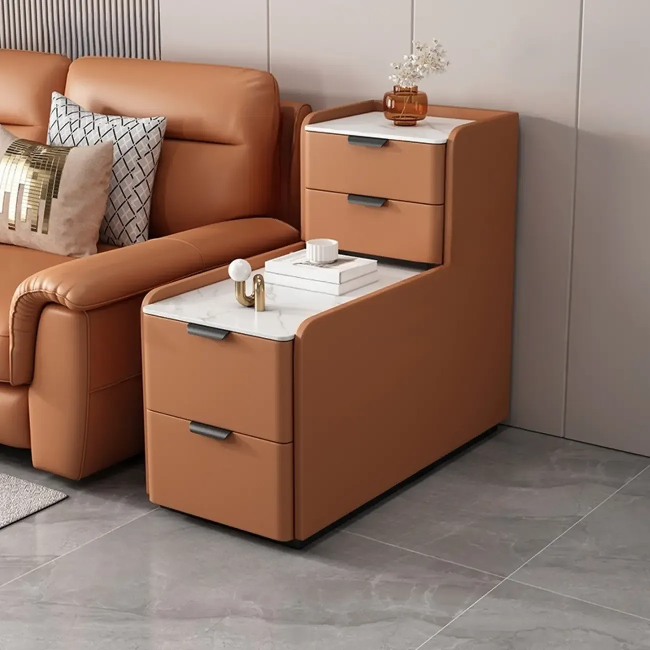 Elegant 4 Drawers Stone Top Wood L-Shaped Tall End Table Image - 5