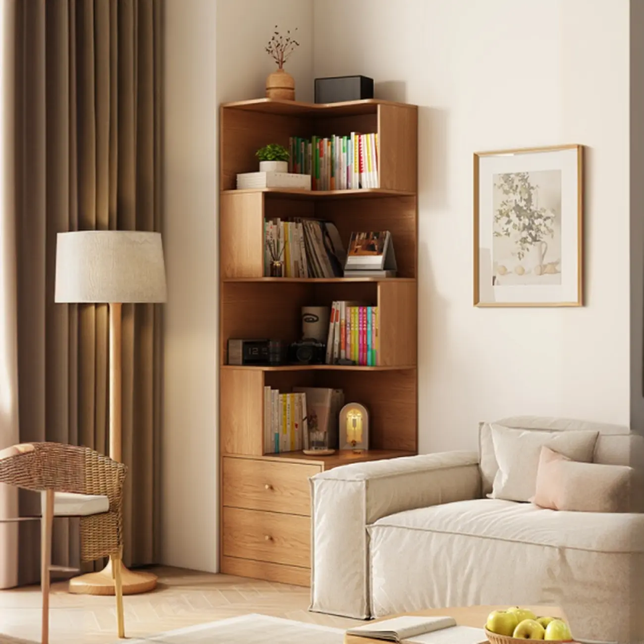 Modern Sepia Timber Corner Bookcase with 2 Drawers Image - 3 | homeyfad