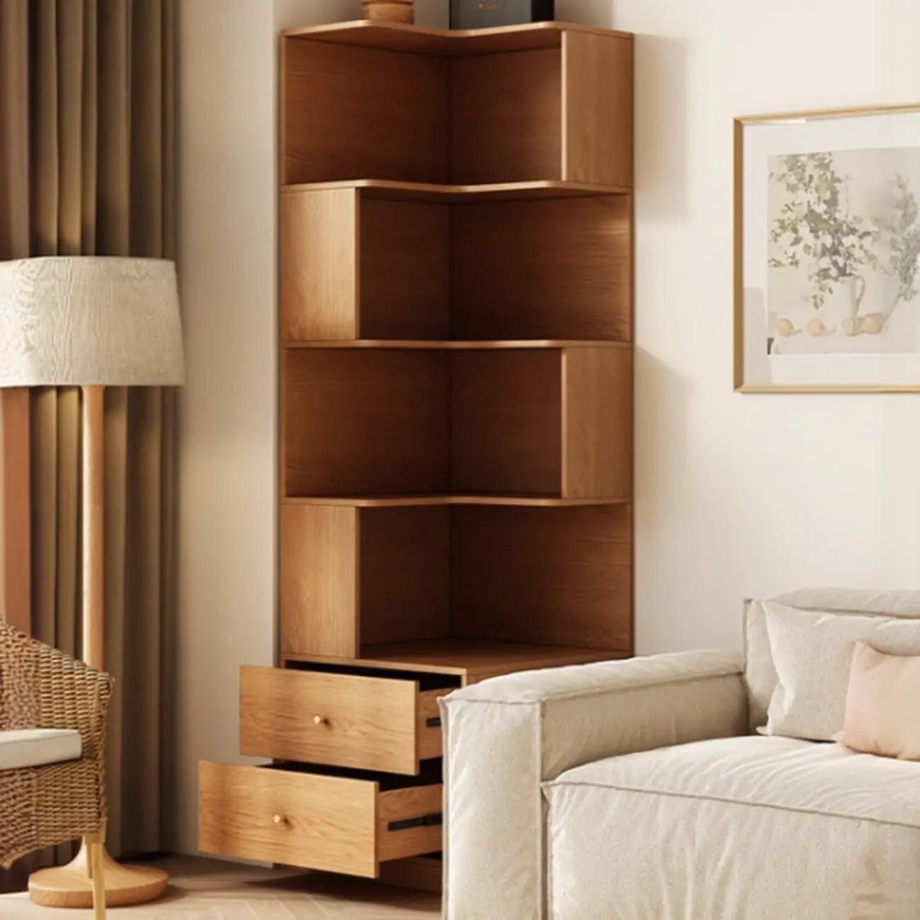 Modern Sepia Timber Corner Bookcase with 2 Drawers Image - 2 | homeyfad
