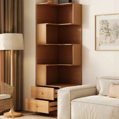 Modern Sepia Timber Corner Bookcase with 2 Drawers Image - 2