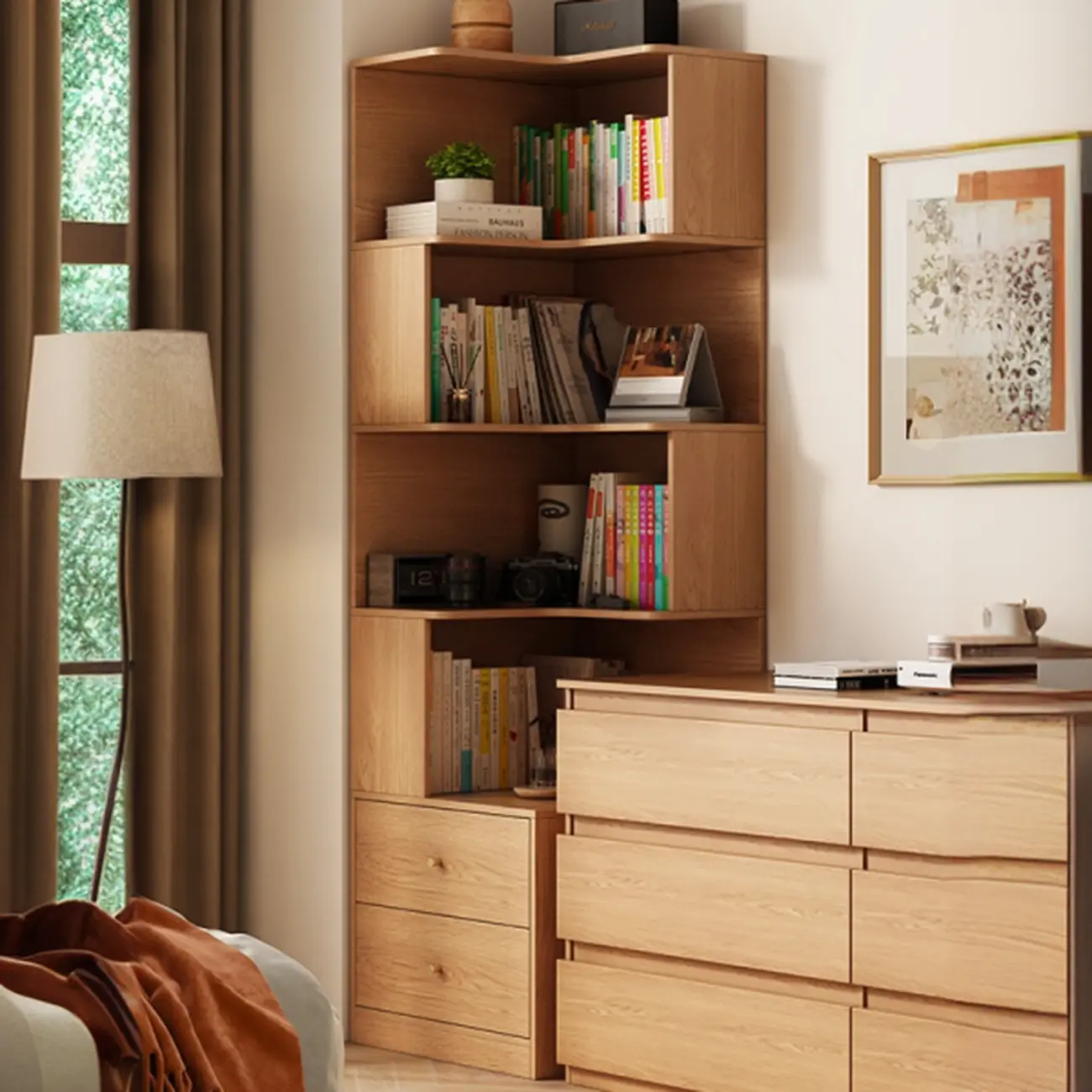 Modern Sepia Timber Corner Bookcase with 2 Drawers Image - 4 | homeyfad