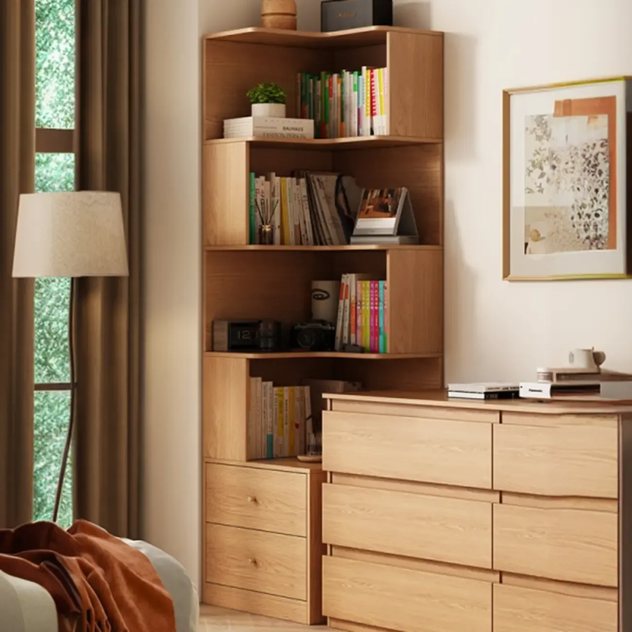 Modern Sepia Timber Corner Bookcase with 2 Drawers Image - 4