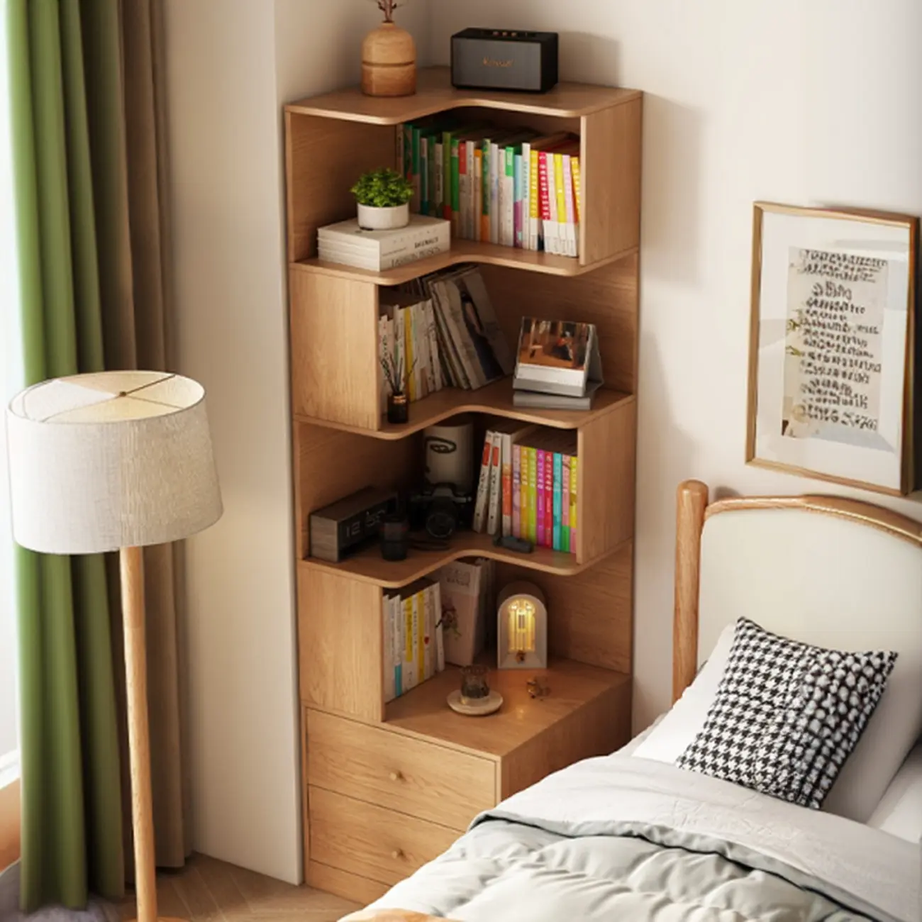 Modern Sepia Timber Corner Bookcase with 2 Drawers Image - 1 | homeyfad