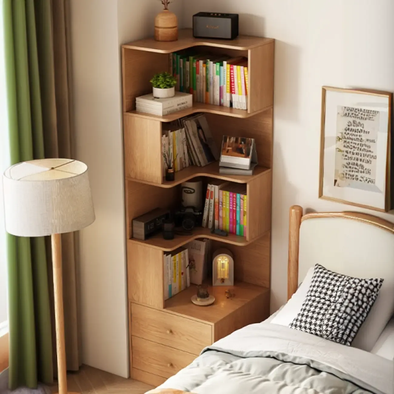 Modern Sepia Timber Corner Bookcase with 2 Drawers Image - 1