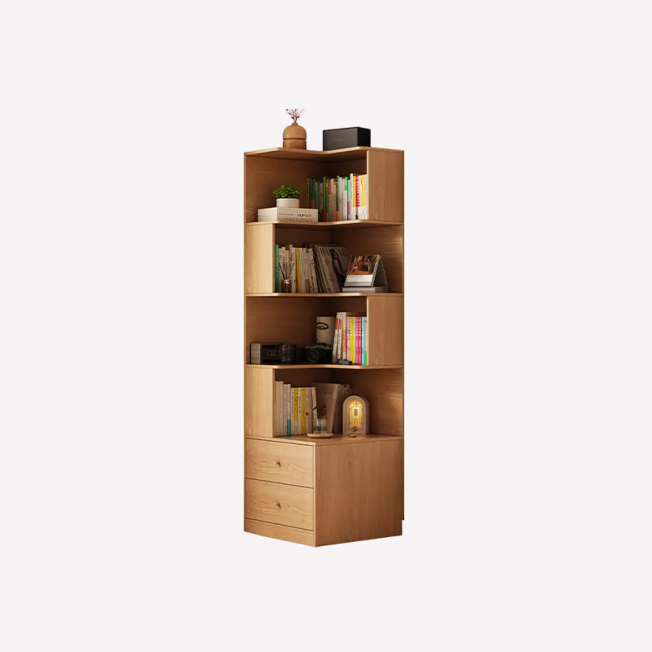 Modern Sepia Timber Corner Bookcase with 2 Drawers Image - 11 | homeyfad