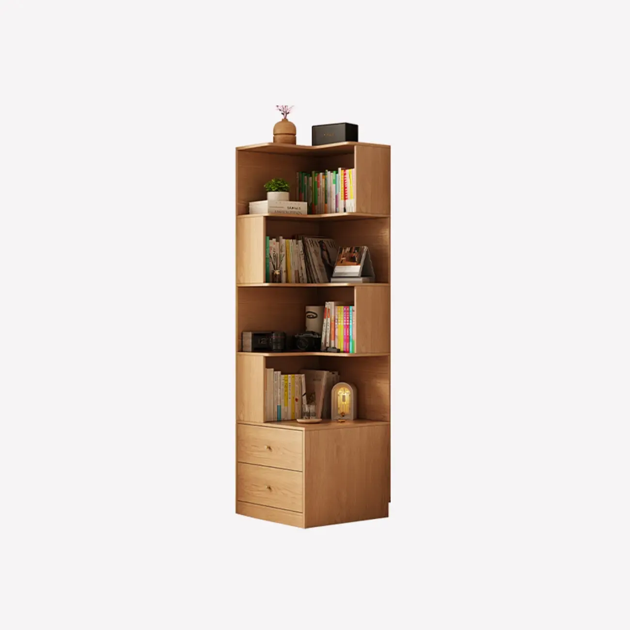 Modern Sepia Timber Corner Bookcase with 2 Drawers Image - 11