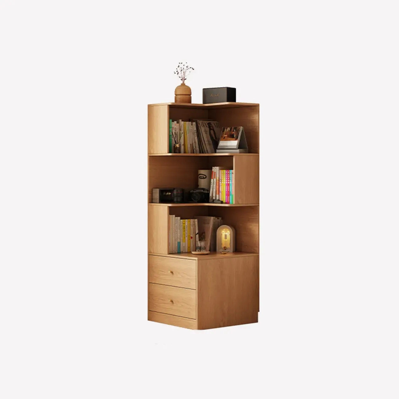 Modern Sepia Timber Corner Bookcase with 2 Drawers Image - 8