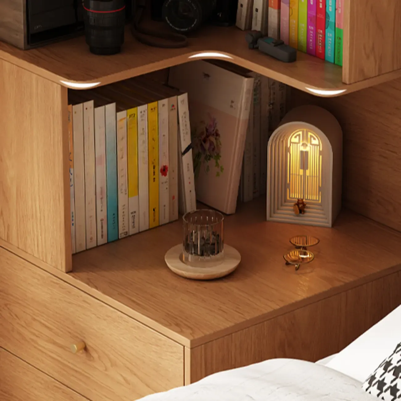 Modern Sepia Timber Corner Bookcase with 2 Drawers Image - 13