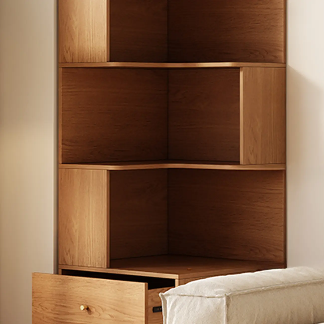 Modern Sepia Timber Corner Bookcase with 2 Drawers Image - 15 | homeyfad