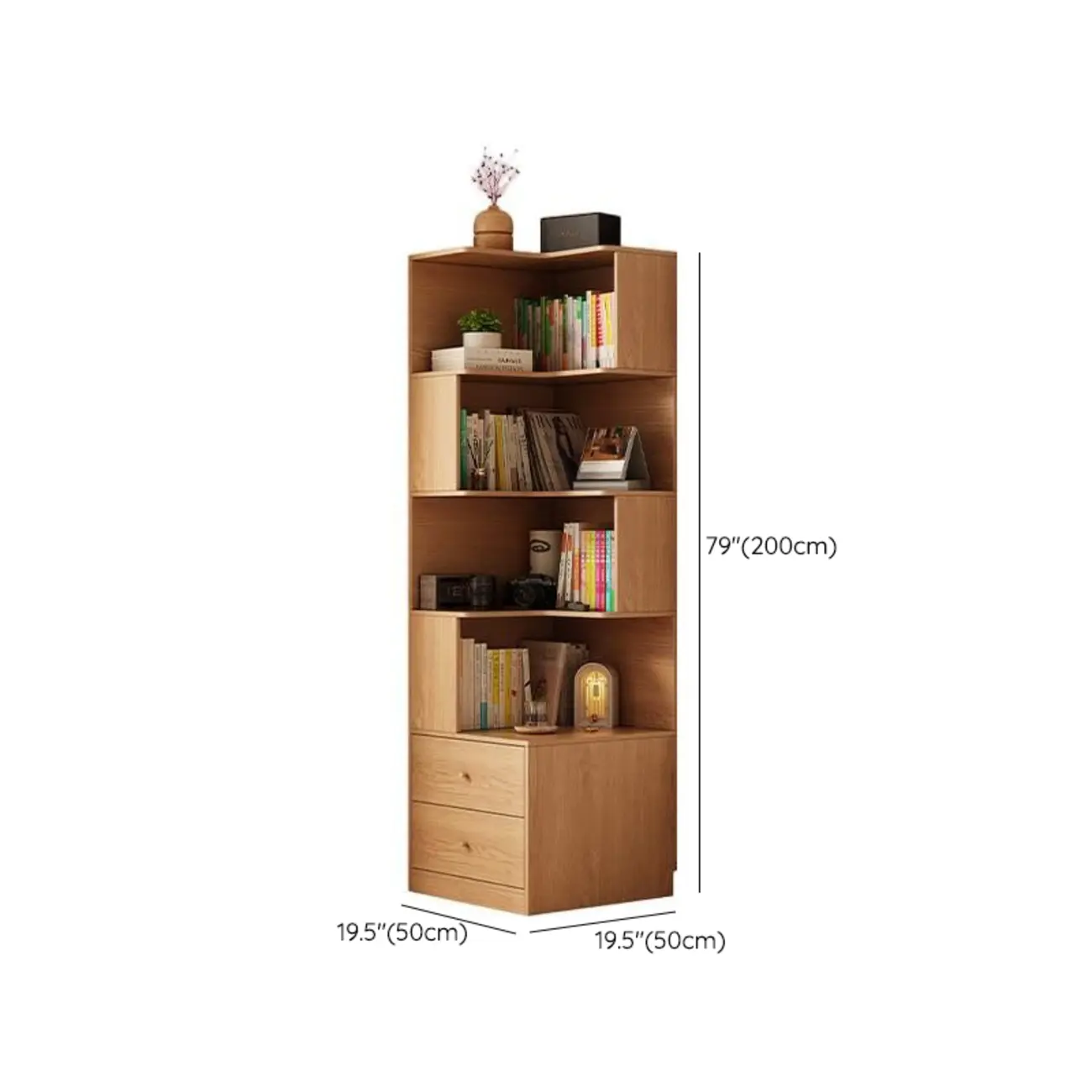 Modern Sepia Timber Corner Bookcase with 2 Drawers Image - 20 | homeyfad