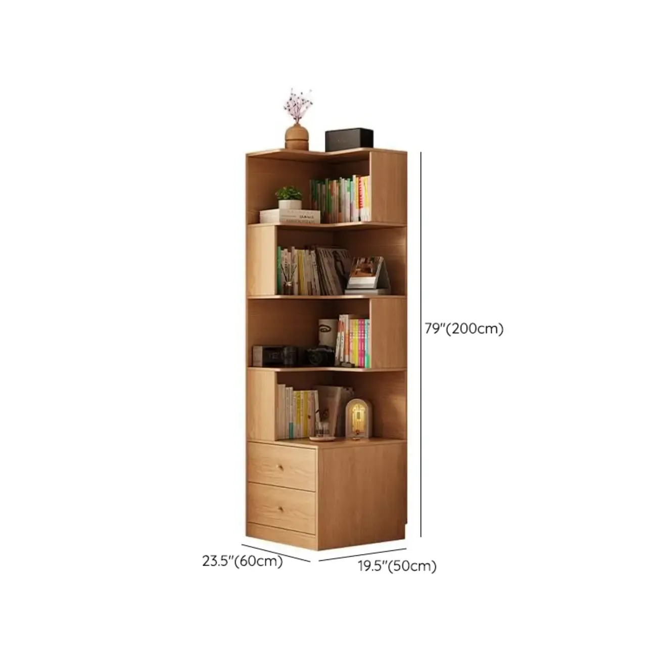 Modern Sepia Timber Corner Bookcase with 2 Drawers Image - 21