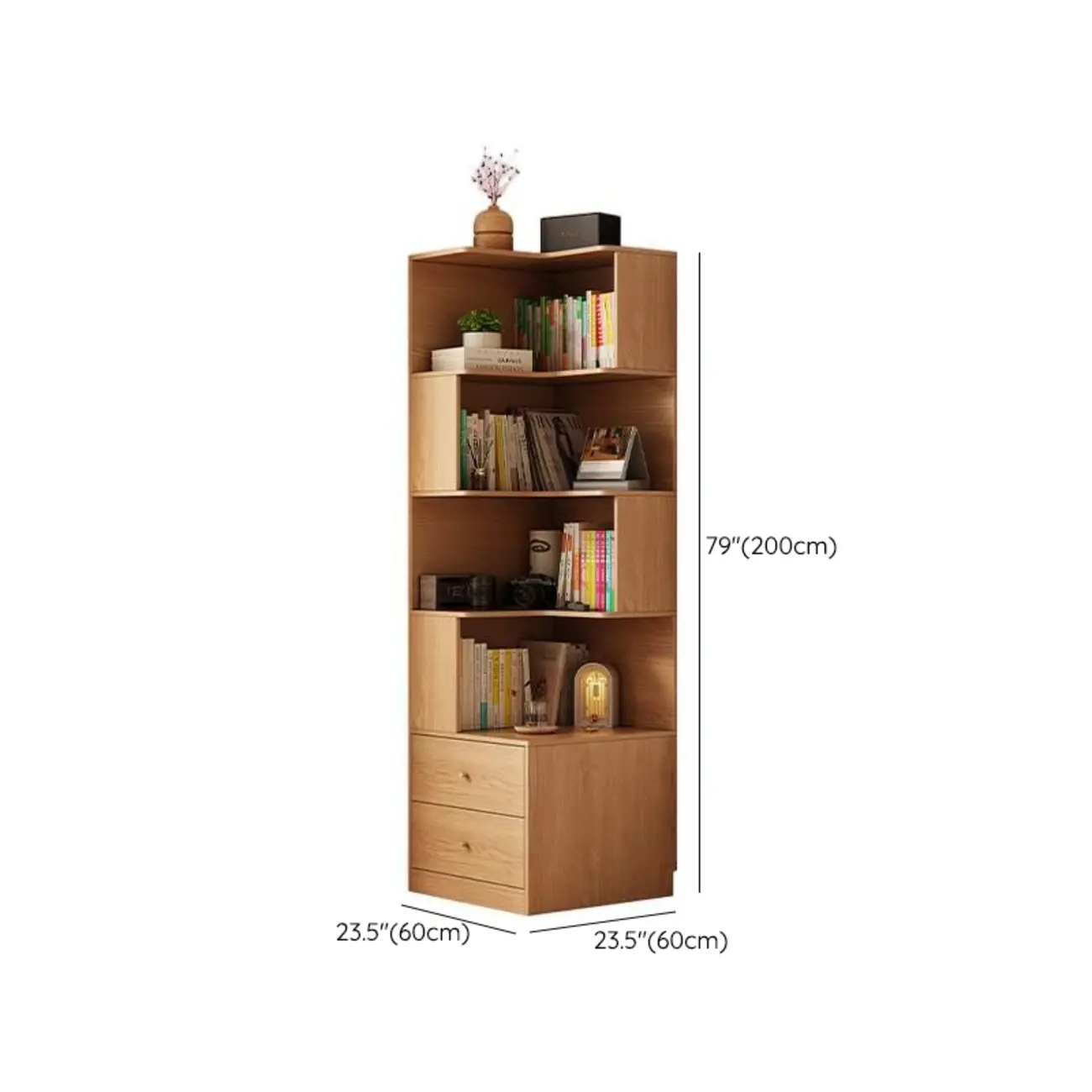 Modern Sepia Timber Corner Bookcase with 2 Drawers Image - 22 | homeyfad