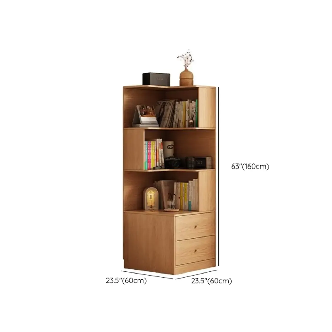 Modern Sepia Timber Corner Bookcase with 2 Drawers Image - 26