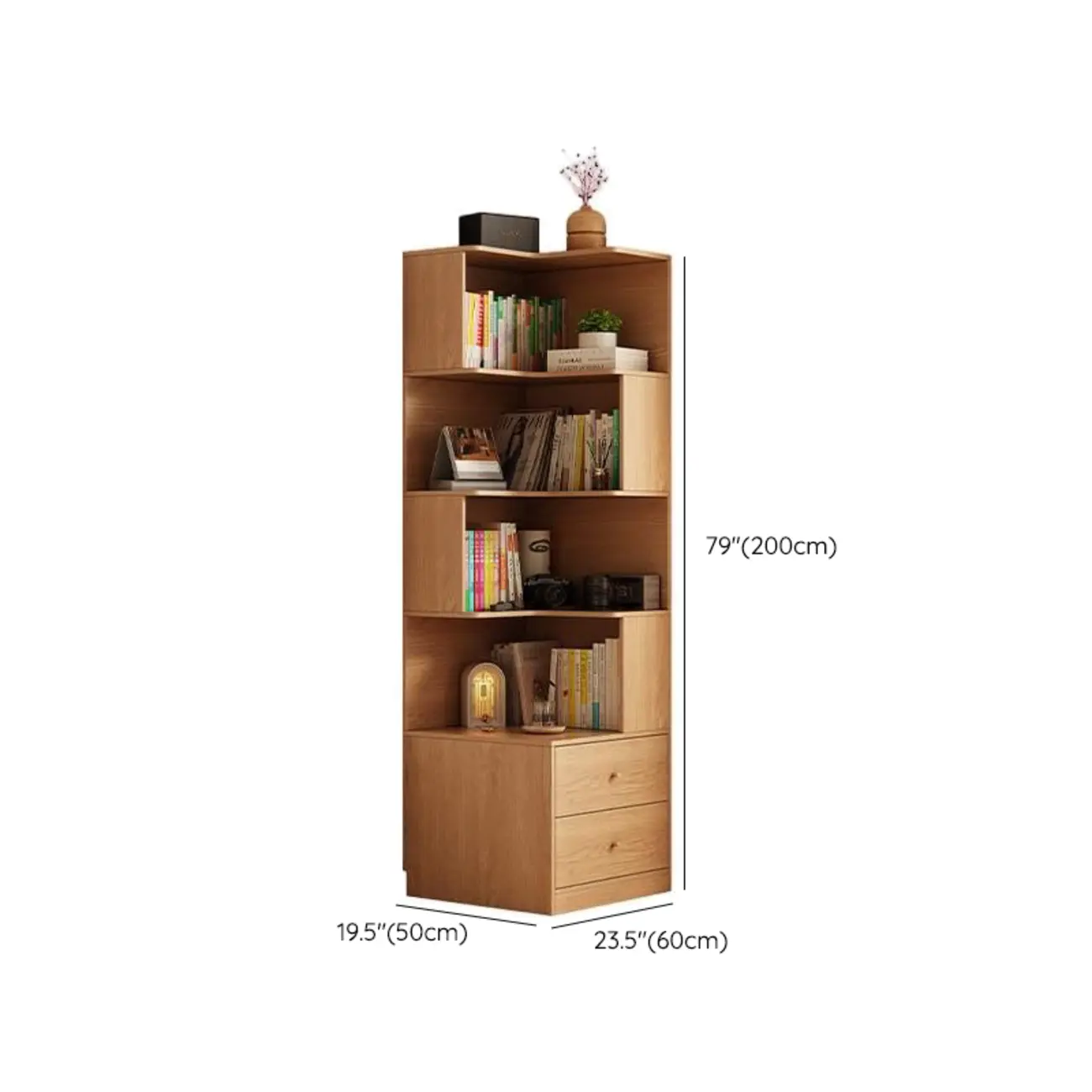 Modern Sepia Timber Corner Bookcase with 2 Drawers Image - 28 | homeyfad