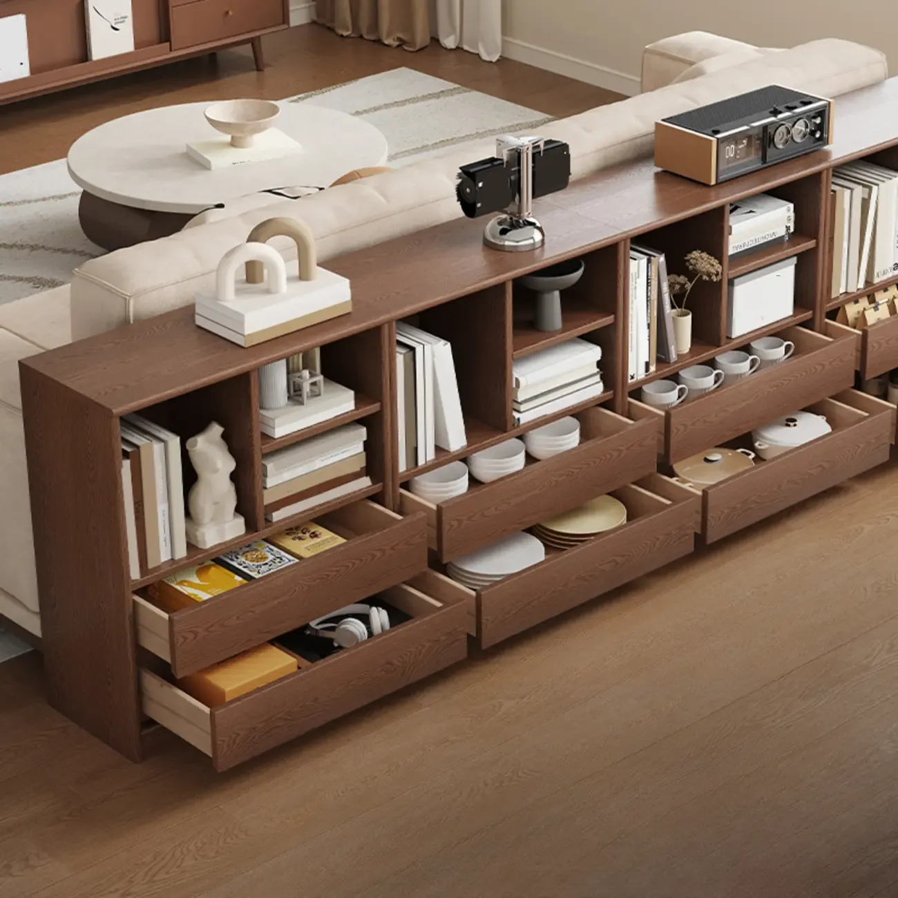 Living Room Cherry Wood Horizontal Open Bookcase Image - 2