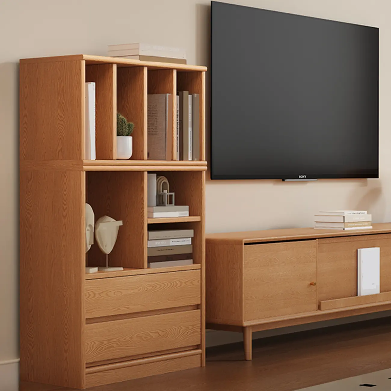 Living Room Cherry Wood Horizontal Open Bookcase Image - 6 | homeyfad