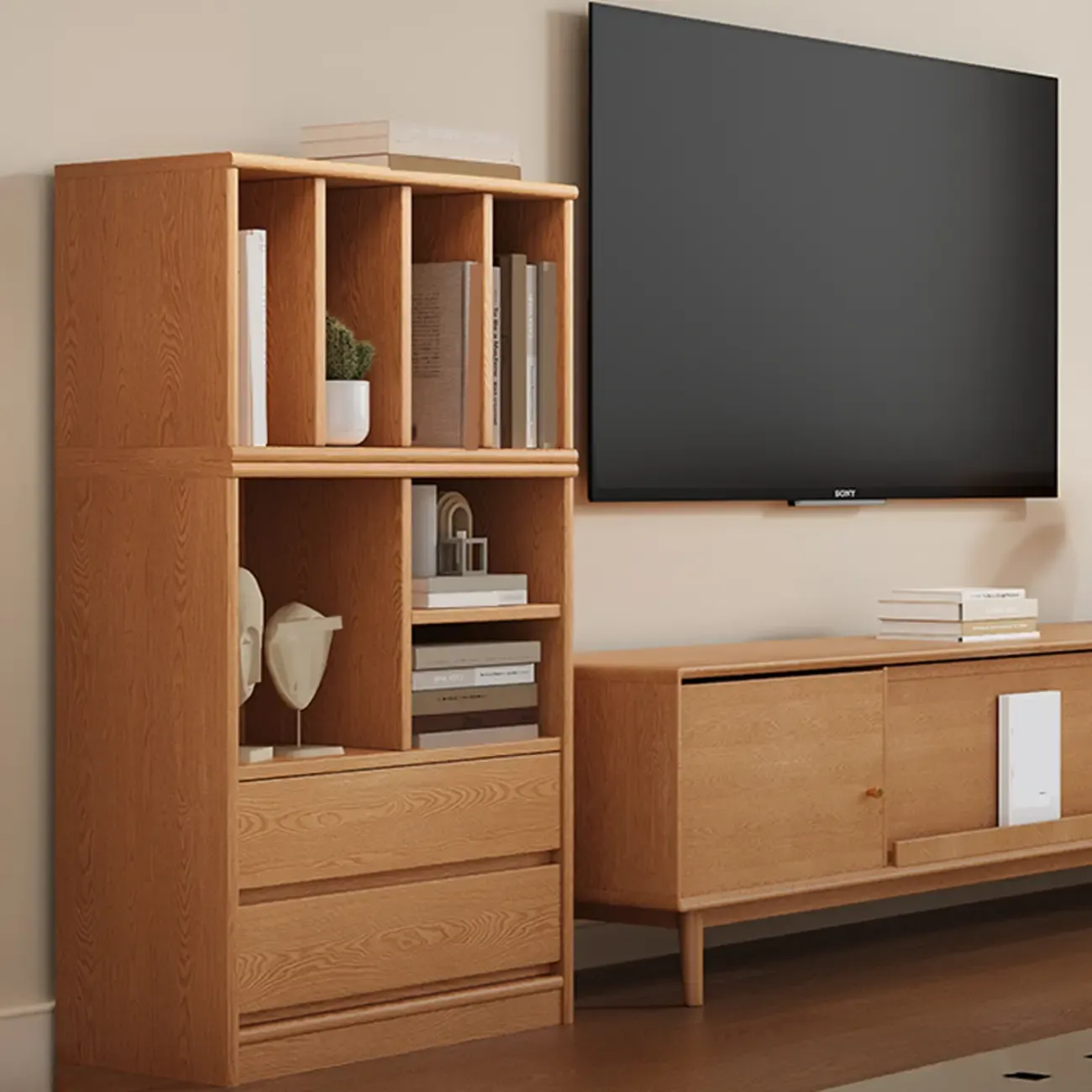 Living Room Cherry Wood Horizontal Open Bookcase Image - 6