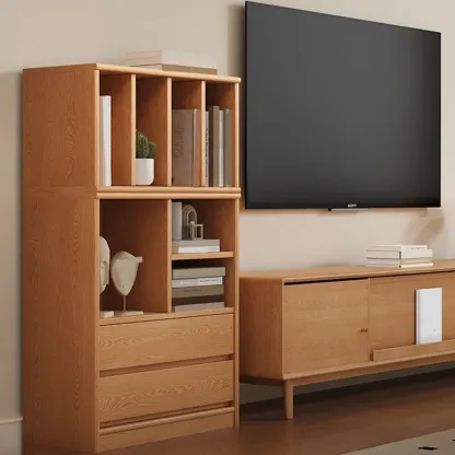 Living Room Cherry Wood Horizontal Open Bookcase Image - 6