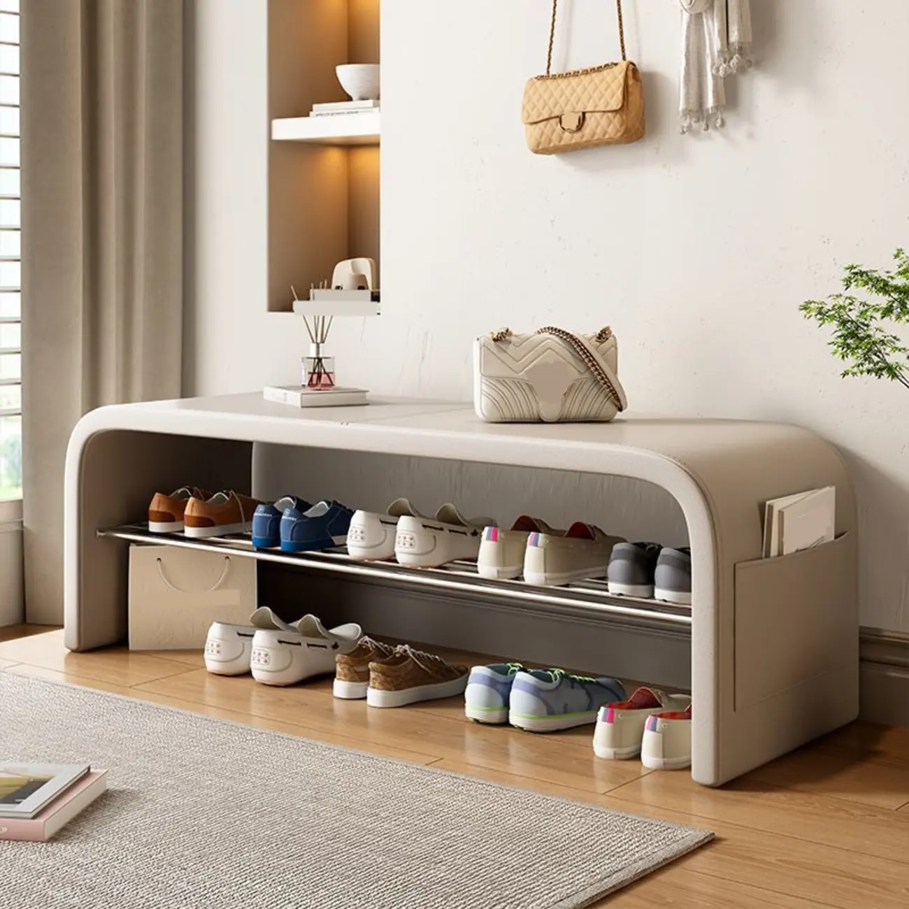 Multi-Purpose Stylish Solid Color Metal Upholstered Indoor Bench Image - 9 | homeyfad