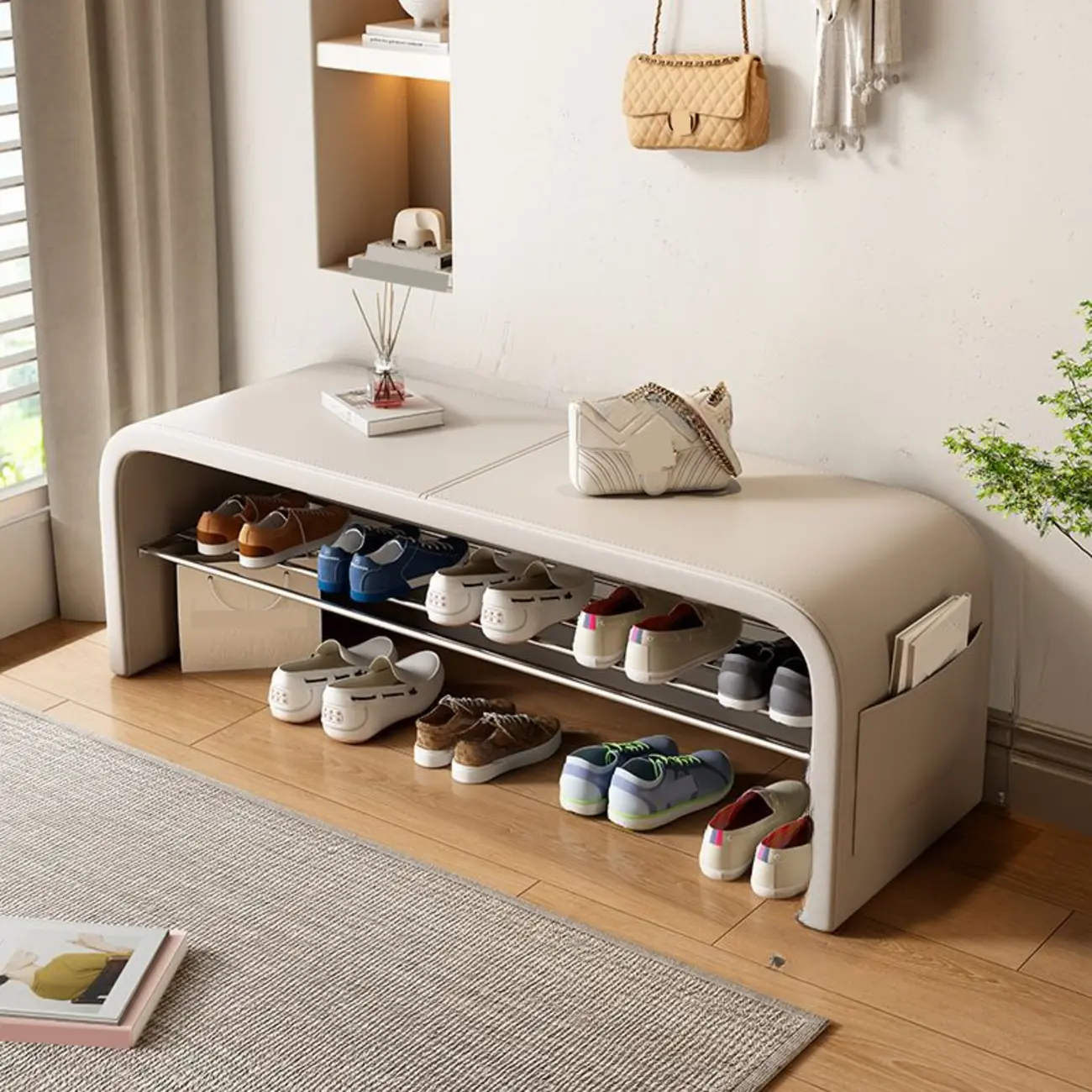 Multi-Purpose Stylish Solid Color Metal Upholstered Indoor Bench Image - 5 | homeyfad