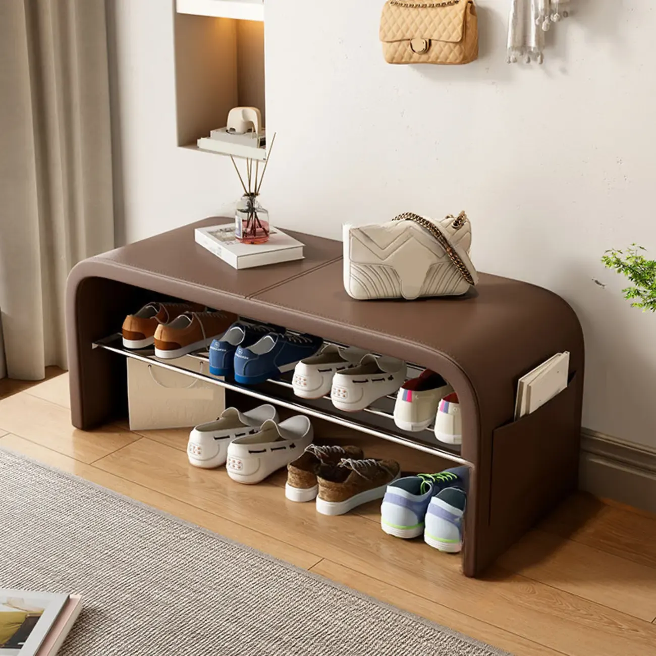 Multi-Purpose Stylish Solid Color Metal Upholstered Indoor Bench Image - 15