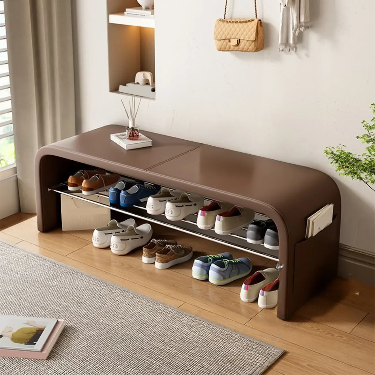 Multi-Purpose Stylish Solid Color Metal Upholstered Indoor Bench Image - 16