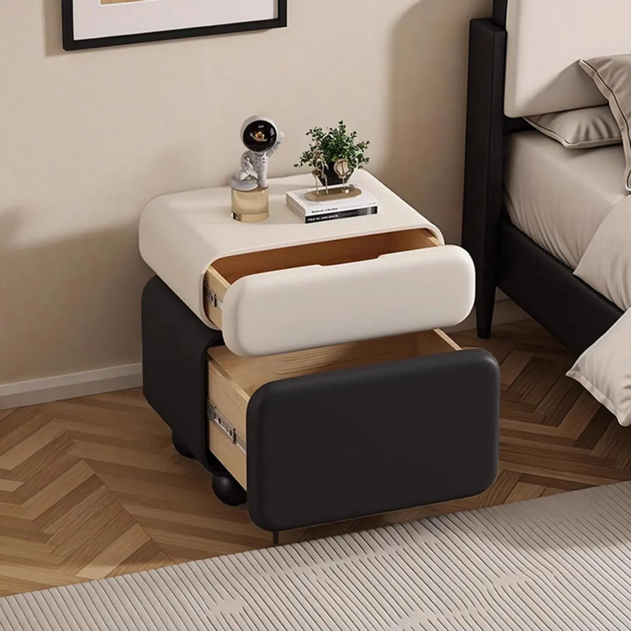 Sleek Black & White Two Drawers Bedside Nightstand Image - 1 | homeyfad