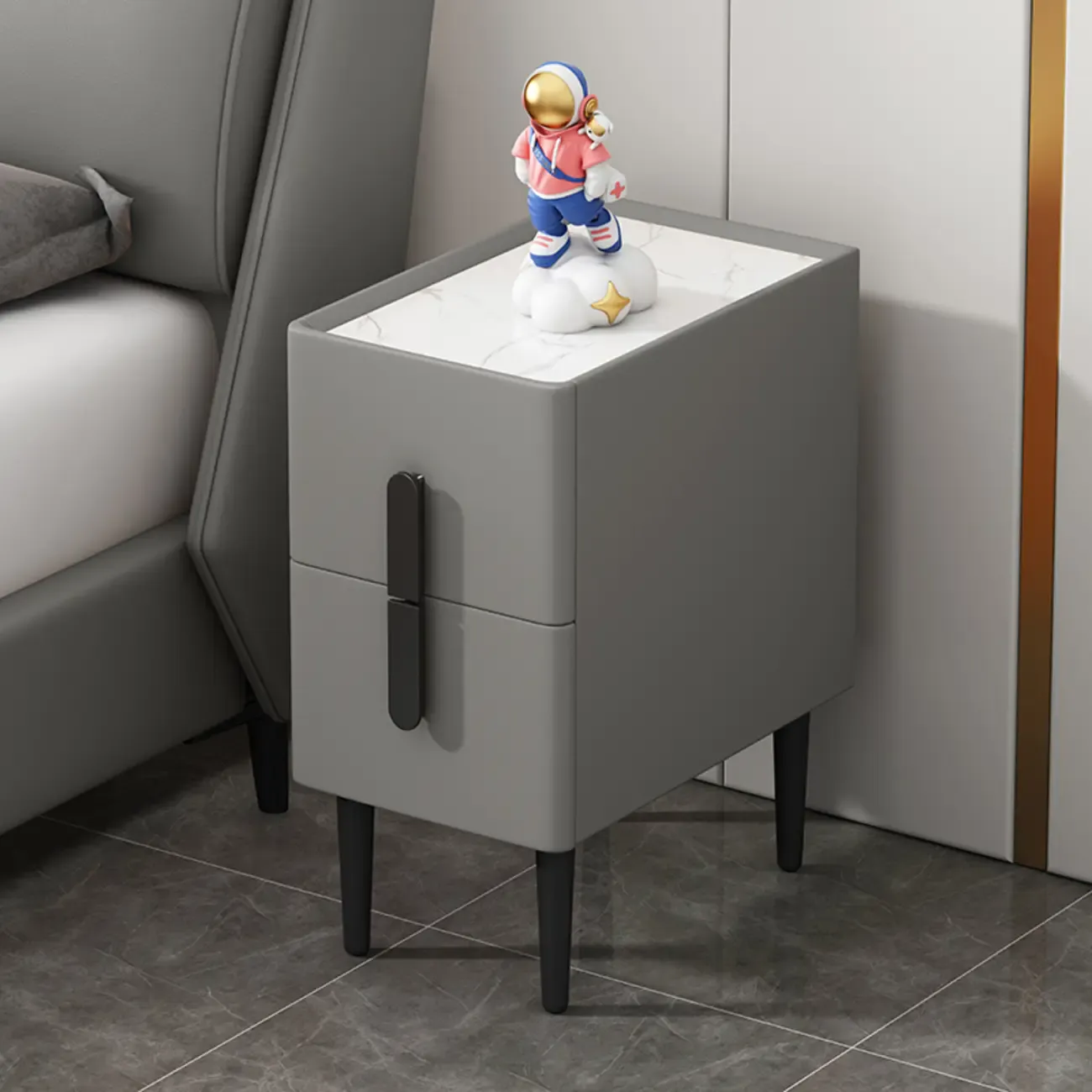 Trendy Gray Bedside 2-Drawer Nightstand with Stone Top Image - 1