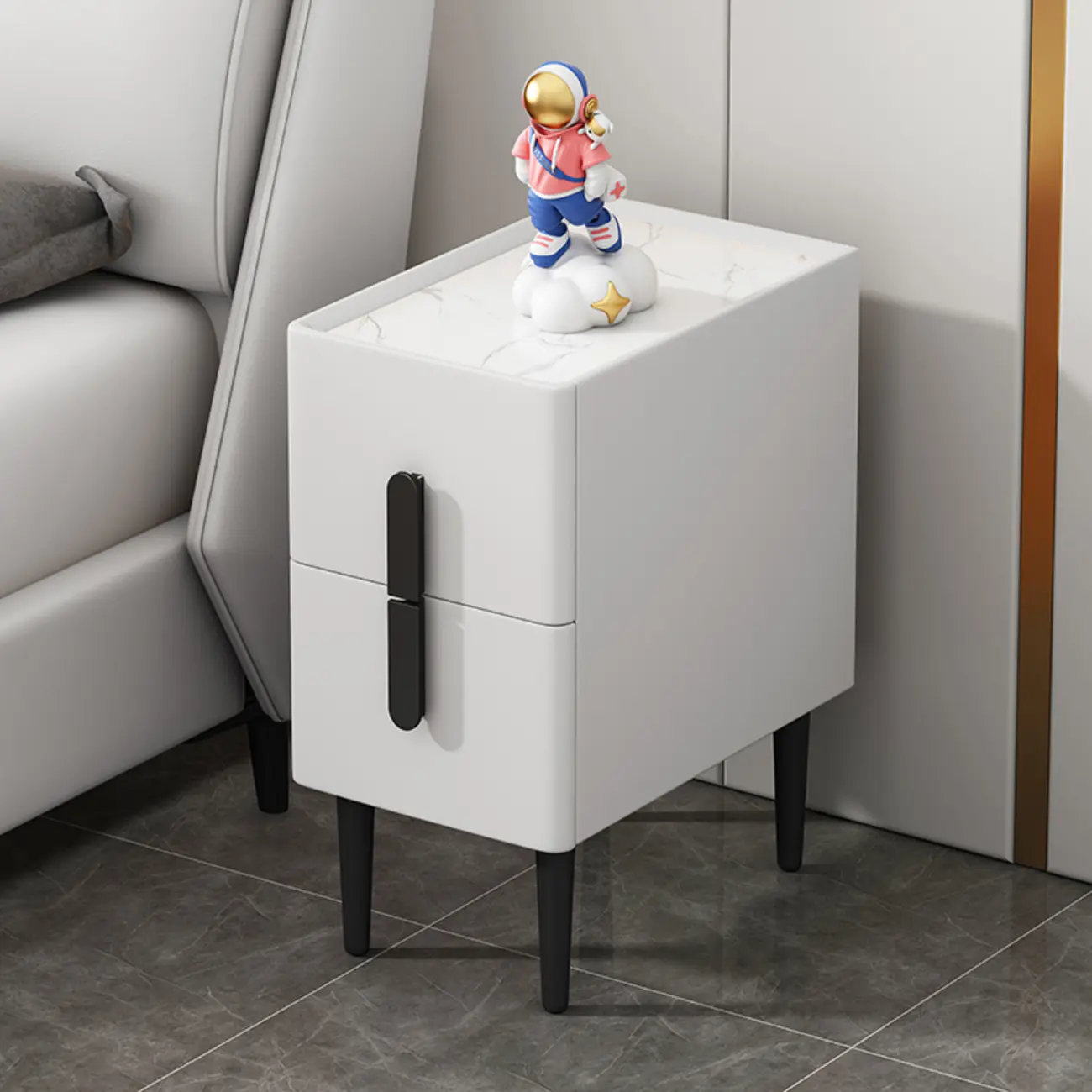 Trendy Gray Bedside 2-Drawer Nightstand with Stone Top Image - 2 | homeyfad