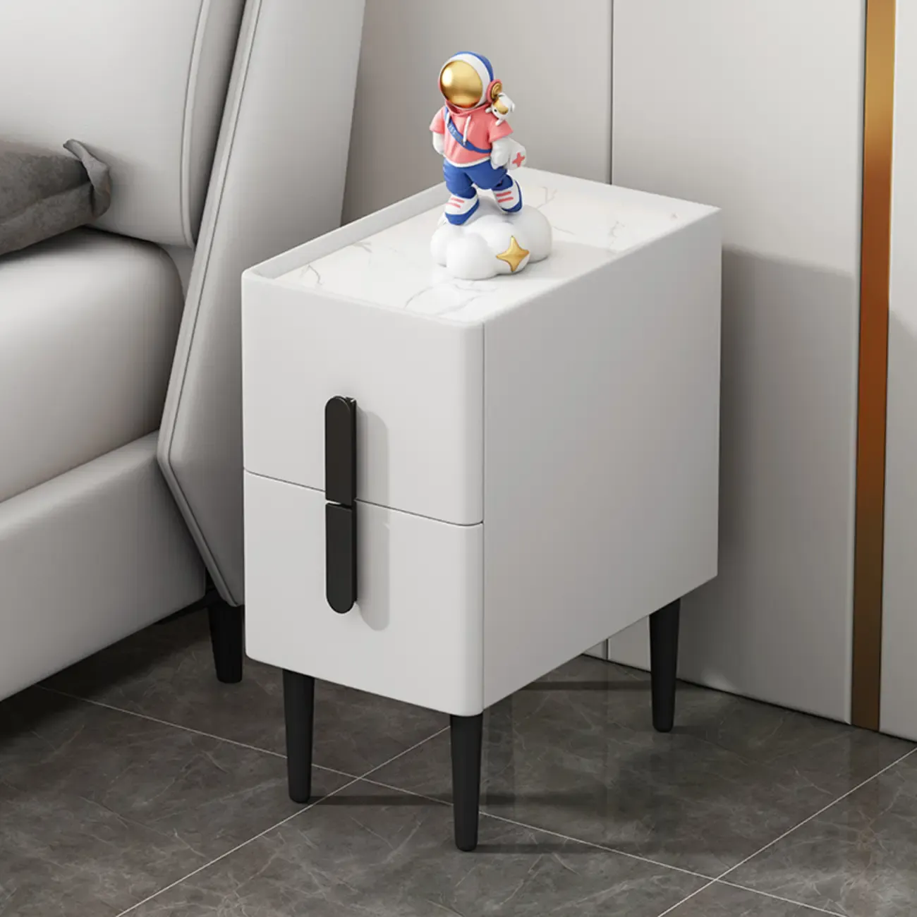 Trendy Gray Bedside 2-Drawer Nightstand with Stone Top Image - 2