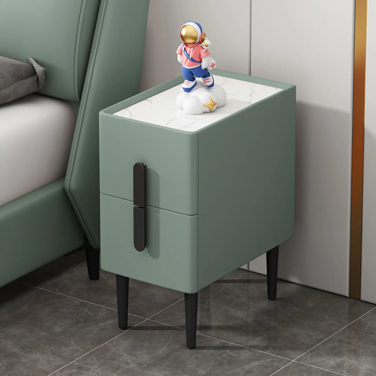 Trendy Gray Bedside 2-Drawer Nightstand with Stone Top Image - 5 | homeyfad