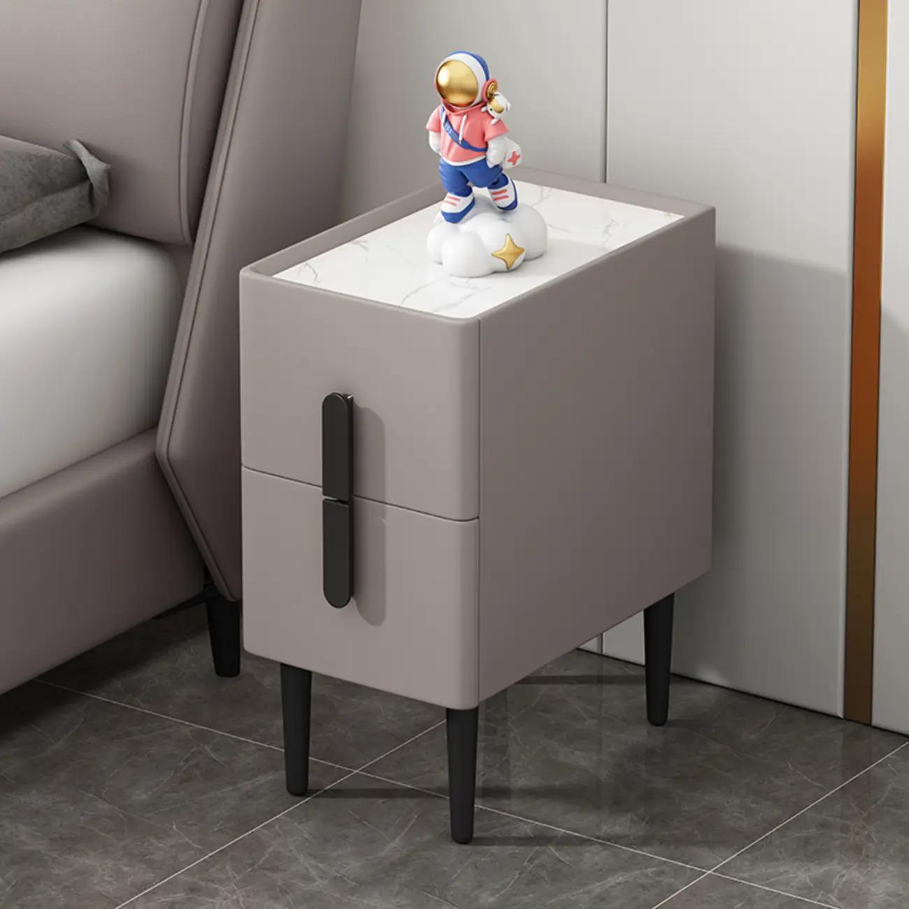 Trendy Gray Bedside 2-Drawer Nightstand with Stone Top Image - 7 | homeyfad