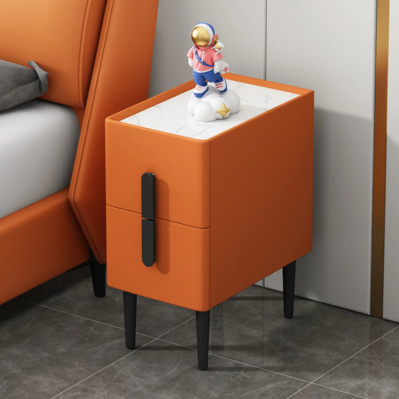 Trendy Gray Bedside 2-Drawer Nightstand with Stone Top Image - 9 | homeyfad