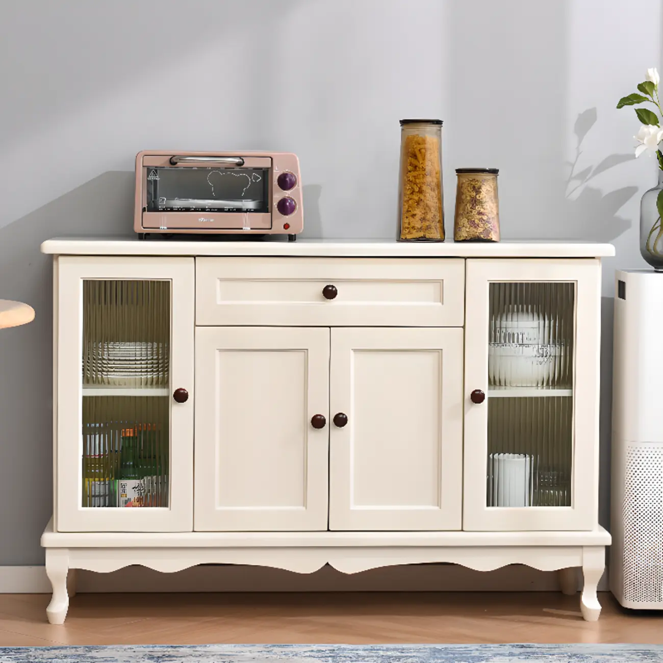 Vintage White Wood Sideboard with Glass Doors Image - 1 | homeyfad
