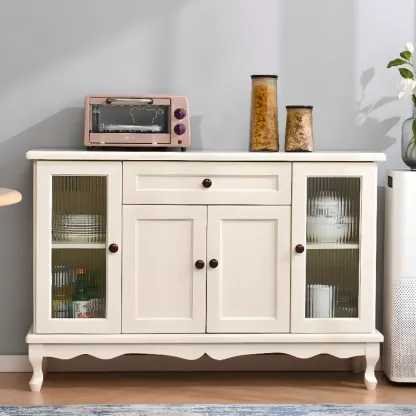Vintage White Wood Sideboard with Glass Doors Image - 1
