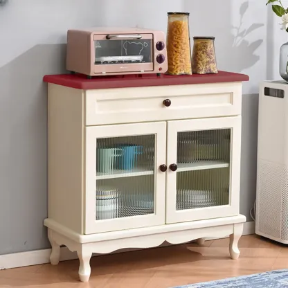Vintage White Wood Sideboard with Glass Doors Image - 5