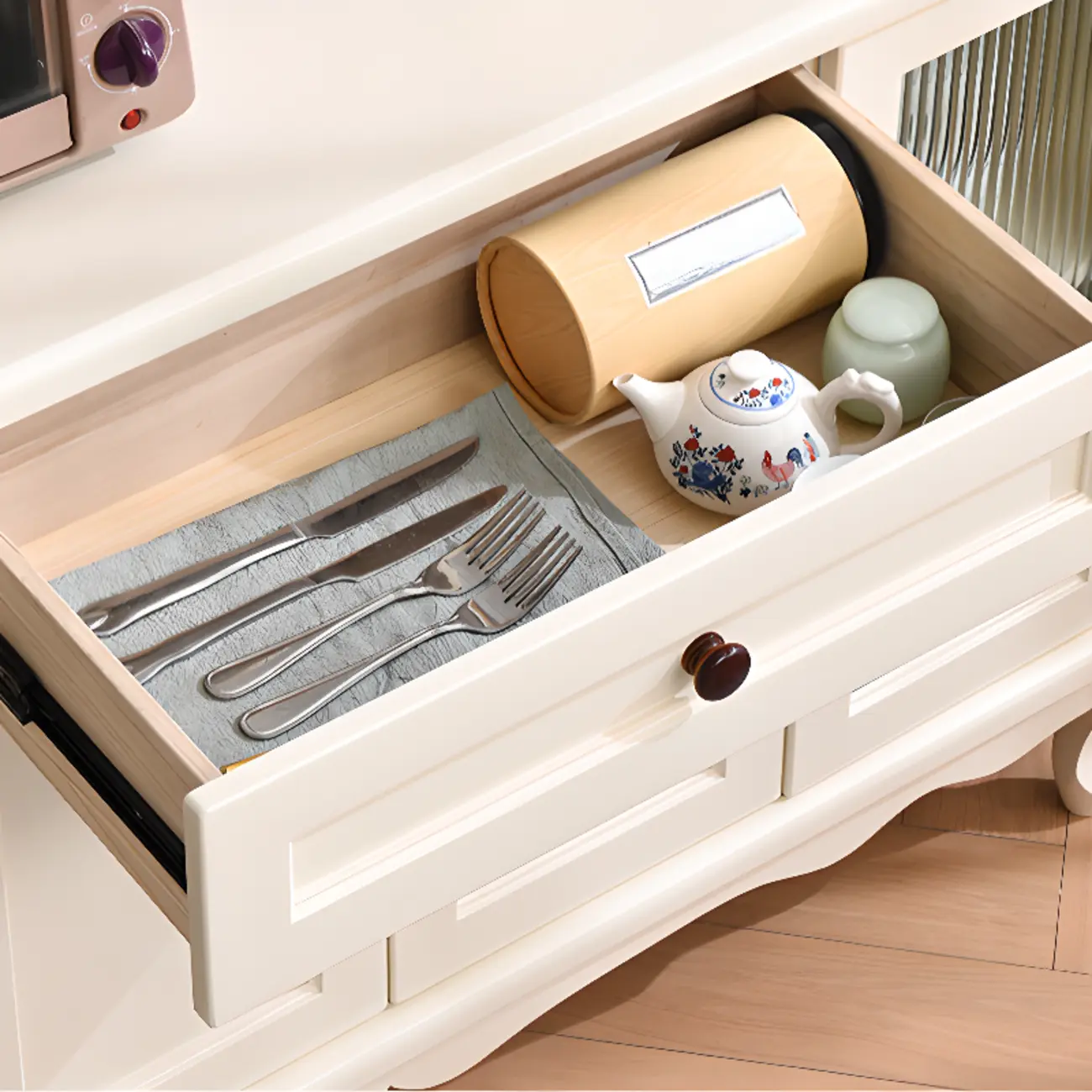 Vintage White Wood Sideboard with Glass Doors Image - 7 | homeyfad