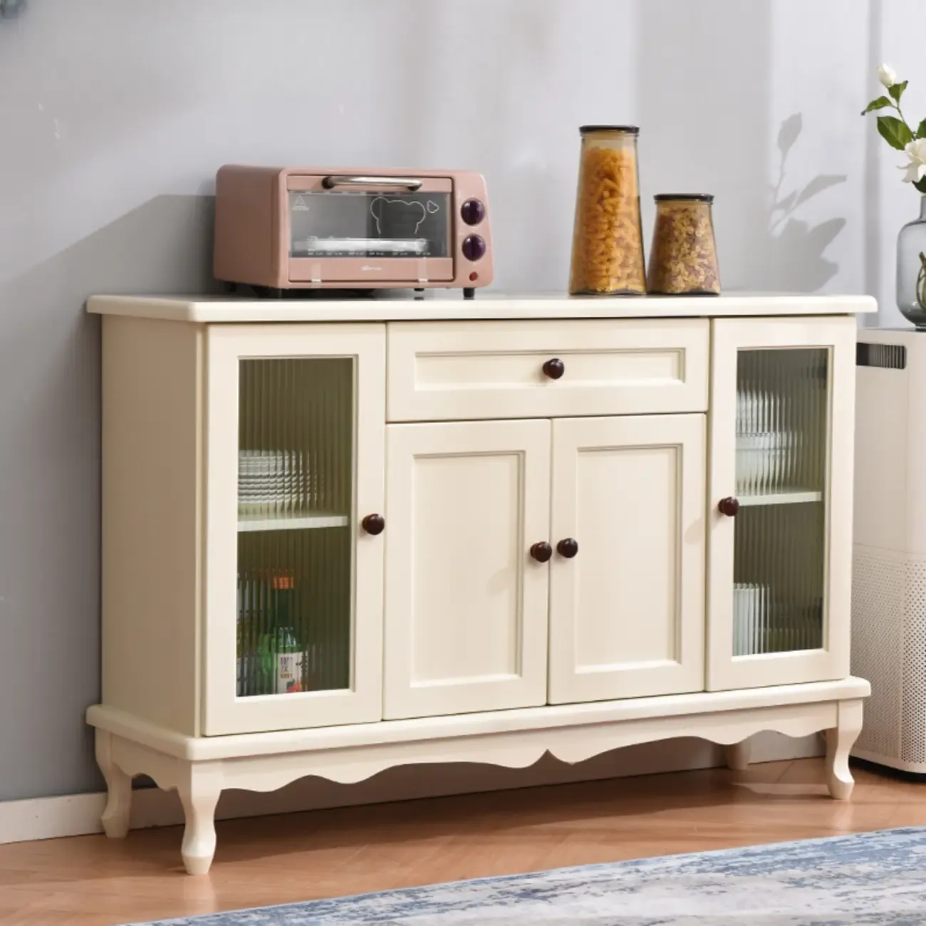 Vintage White Wood Sideboard with Glass Doors Image - 10