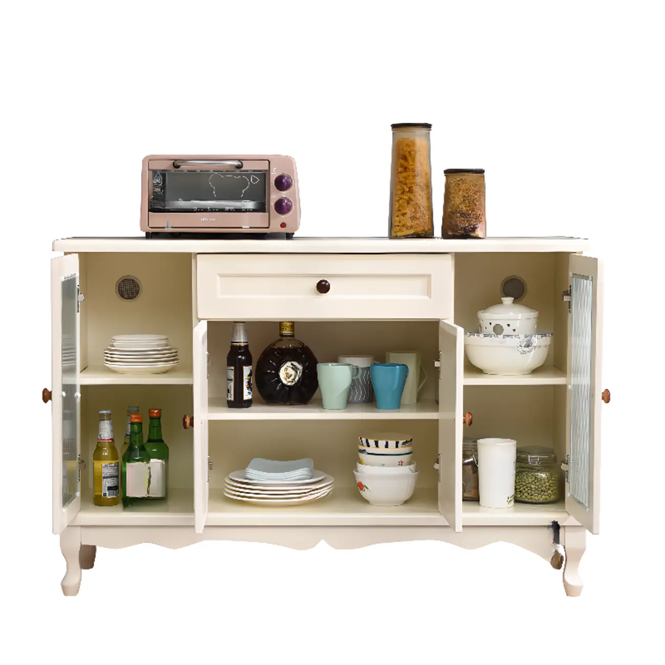 Vintage White Wood Sideboard with Glass Doors Image - 11 | homeyfad