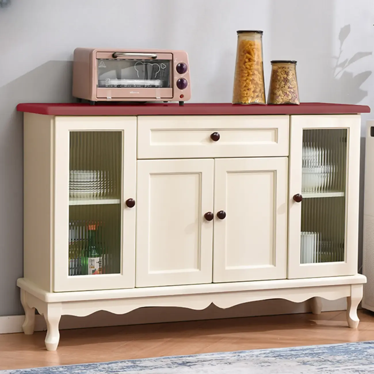 Vintage White Wood Sideboard with Glass Doors Image - 9