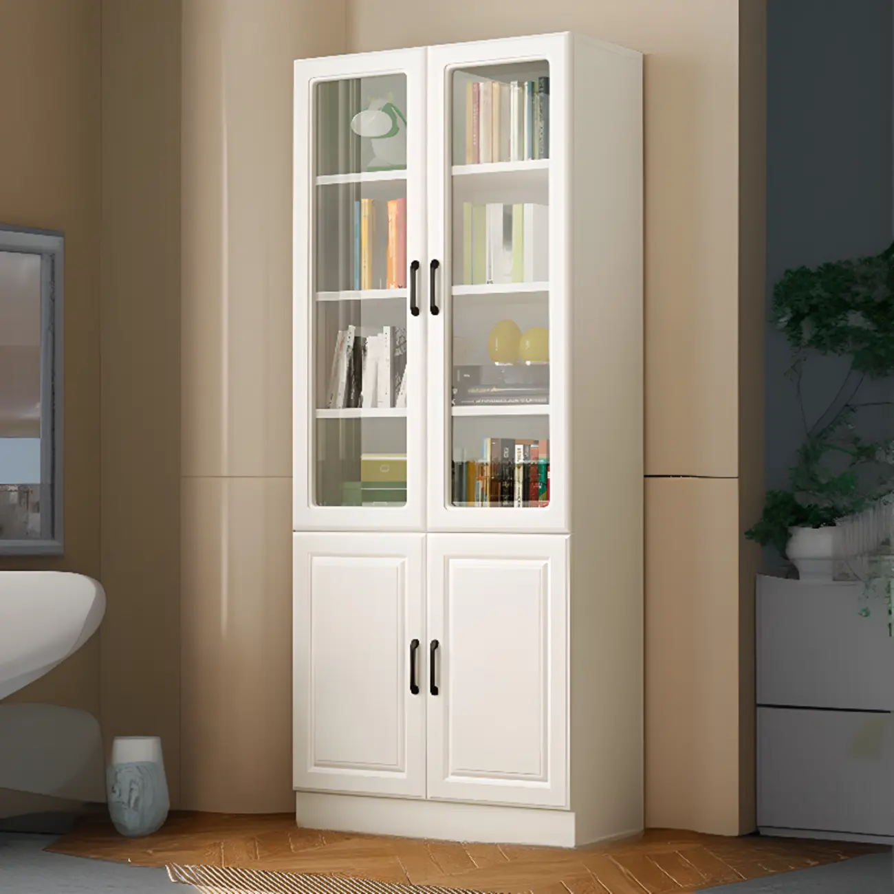 Narrow White Modern Vertical Wood Bookcase Image - 2 | homeyfad