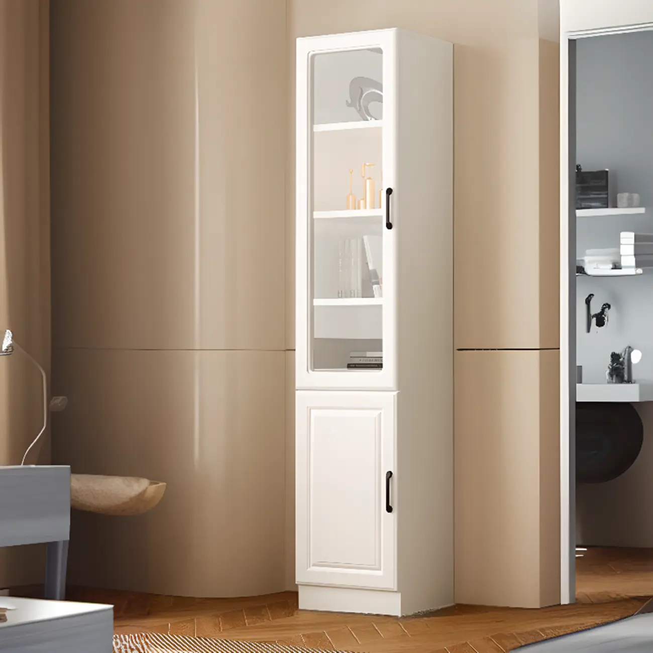 Narrow White Modern Vertical Wood Bookcase Image - 3 | homeyfad