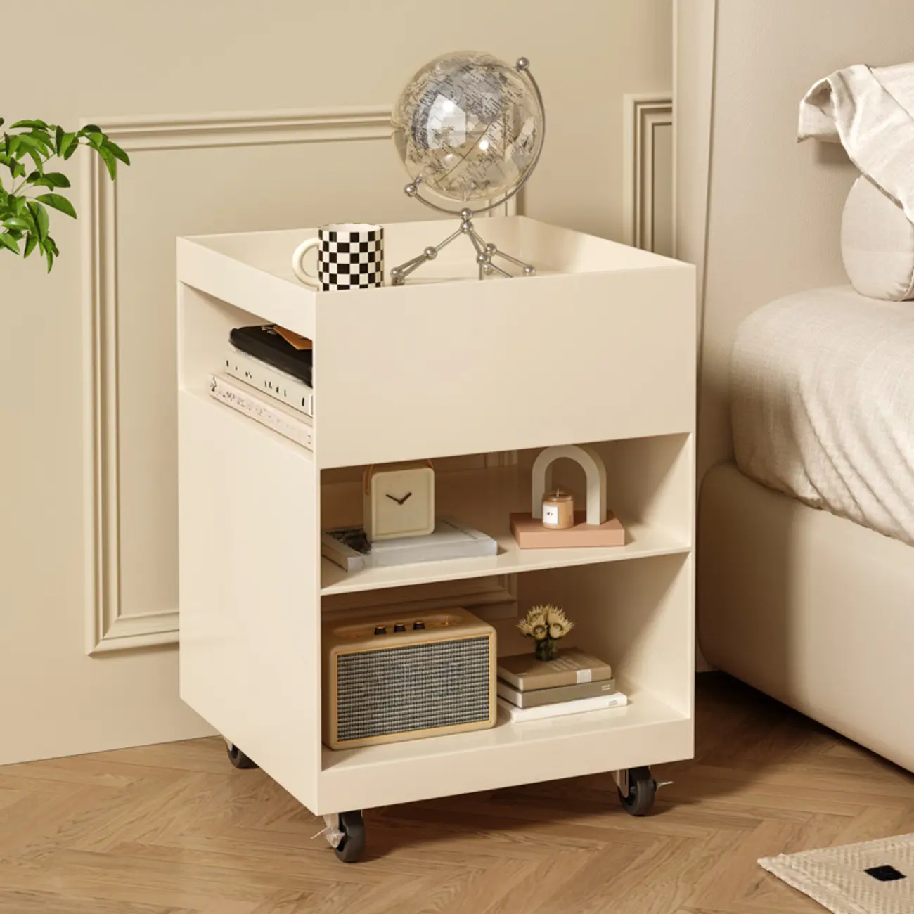 Modern Cream Bedside Table with Wheels and Storage Image - 1 | homeyfad