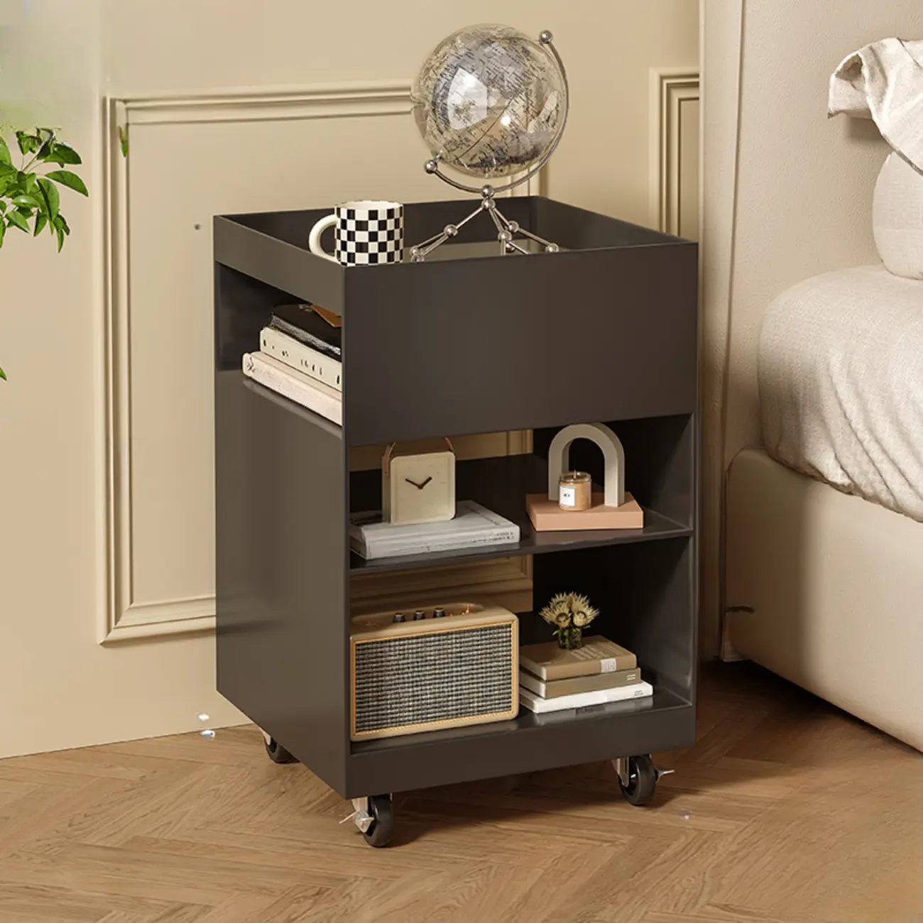 Modern Cream Bedside Table with Wheels and Storage Image - 2 | homeyfad