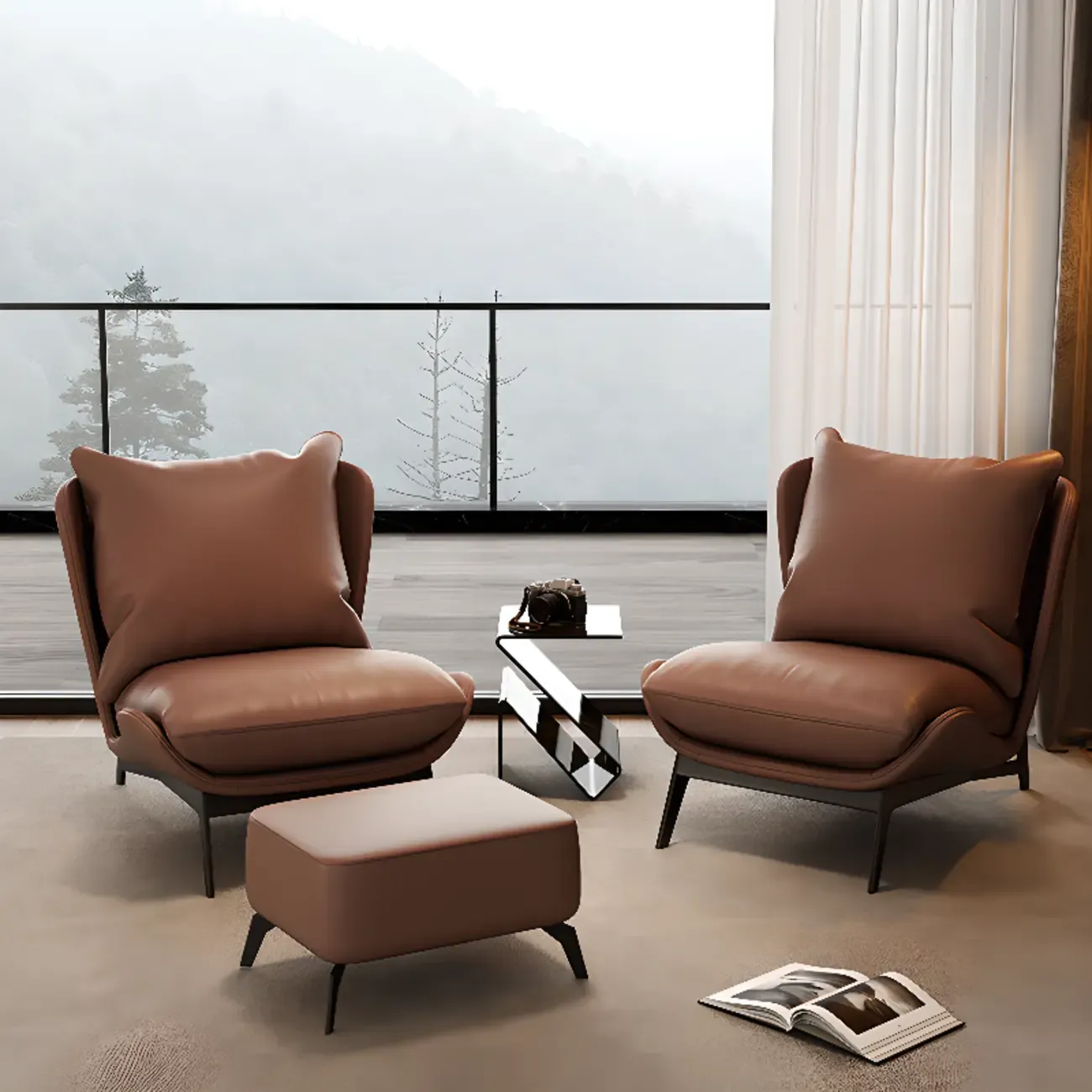 Modern Cat-Resistant Leather Accent Chair with Ottoman Image - 2