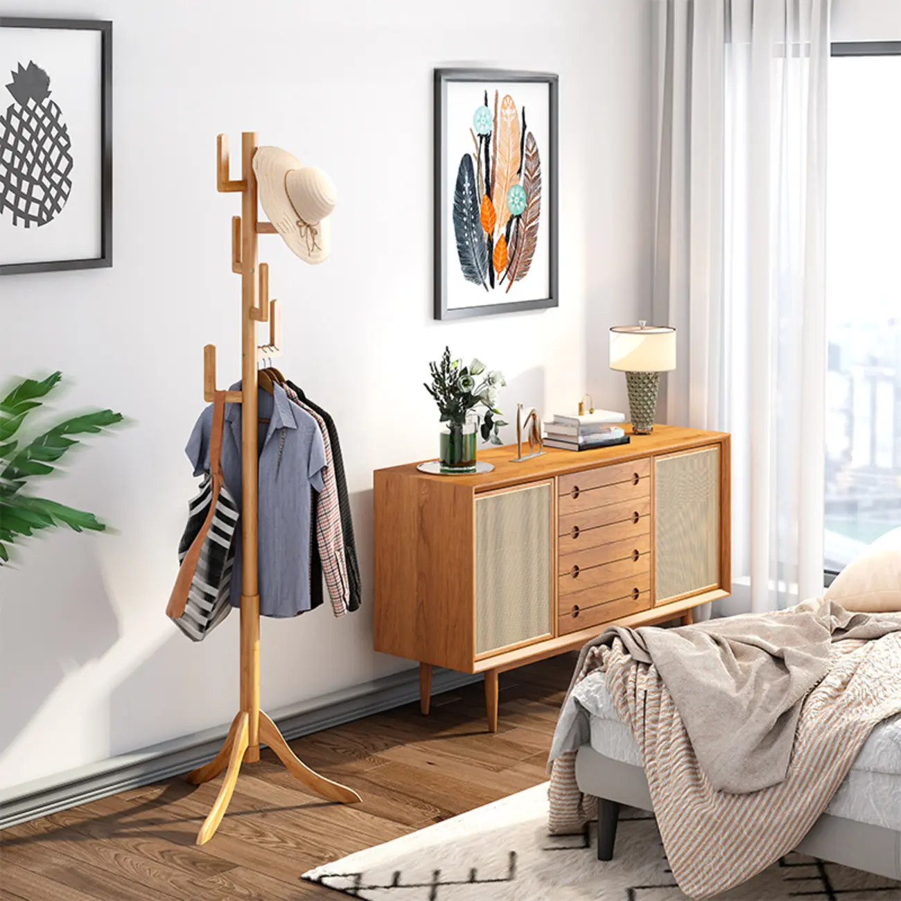 Natural Finish Freestanding 6 Hooks Coat Rack Stand Included Image - 1 | homeyfad