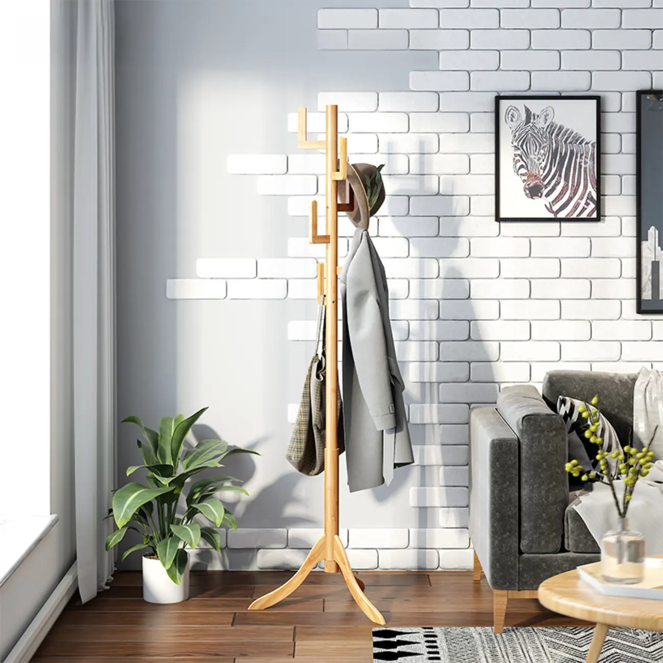 Natural Finish Freestanding 6 Hooks Coat Rack Stand Included Image - 2 | homeyfad