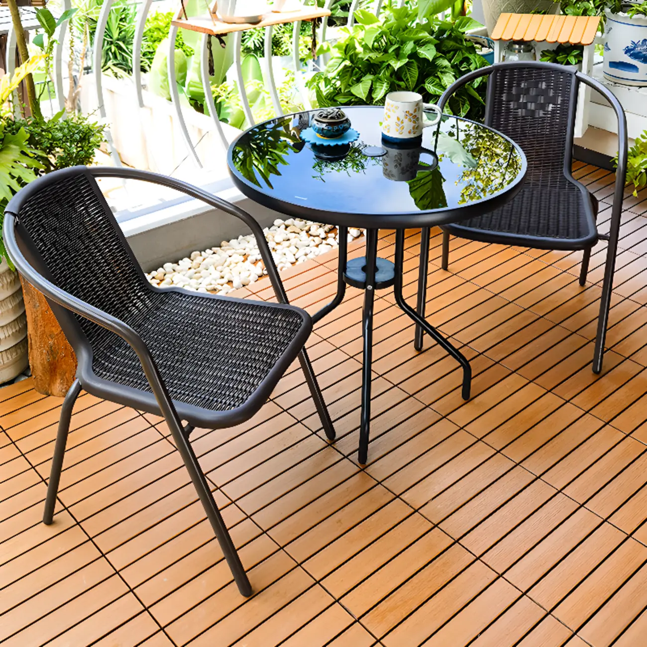 3 Piece Black Glass Top Dining Set with Ratten Armchair Image - 1 | homeyfad