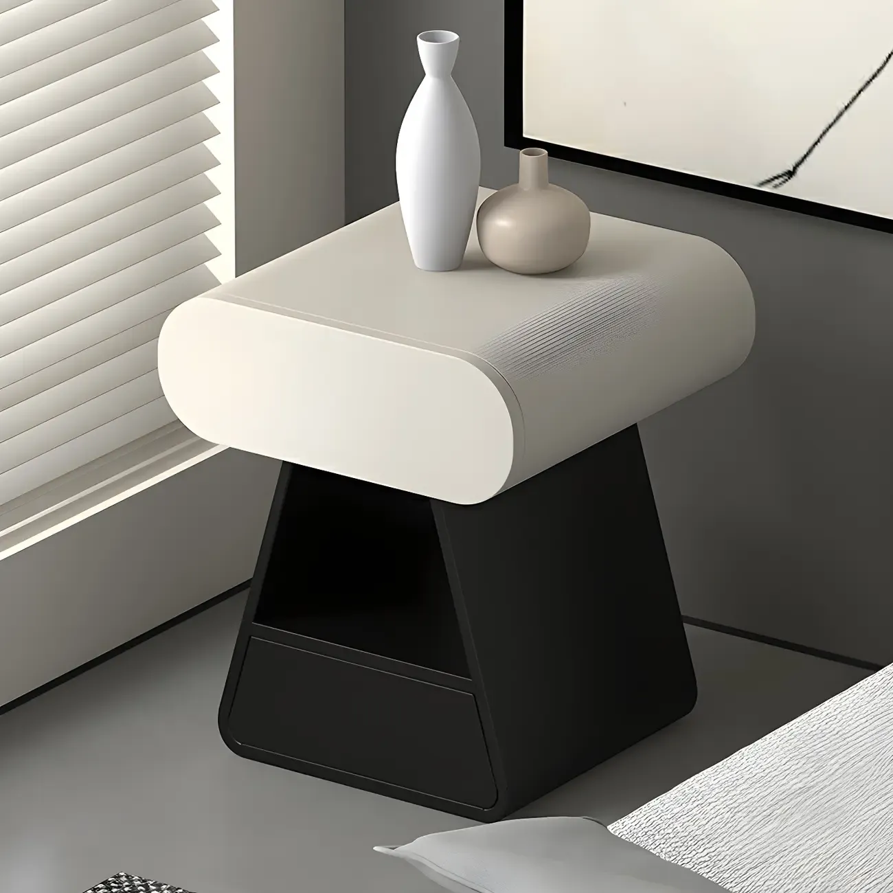 Simple Rectangular Wood Black-White 2 Drawer Nightstand Image - 1