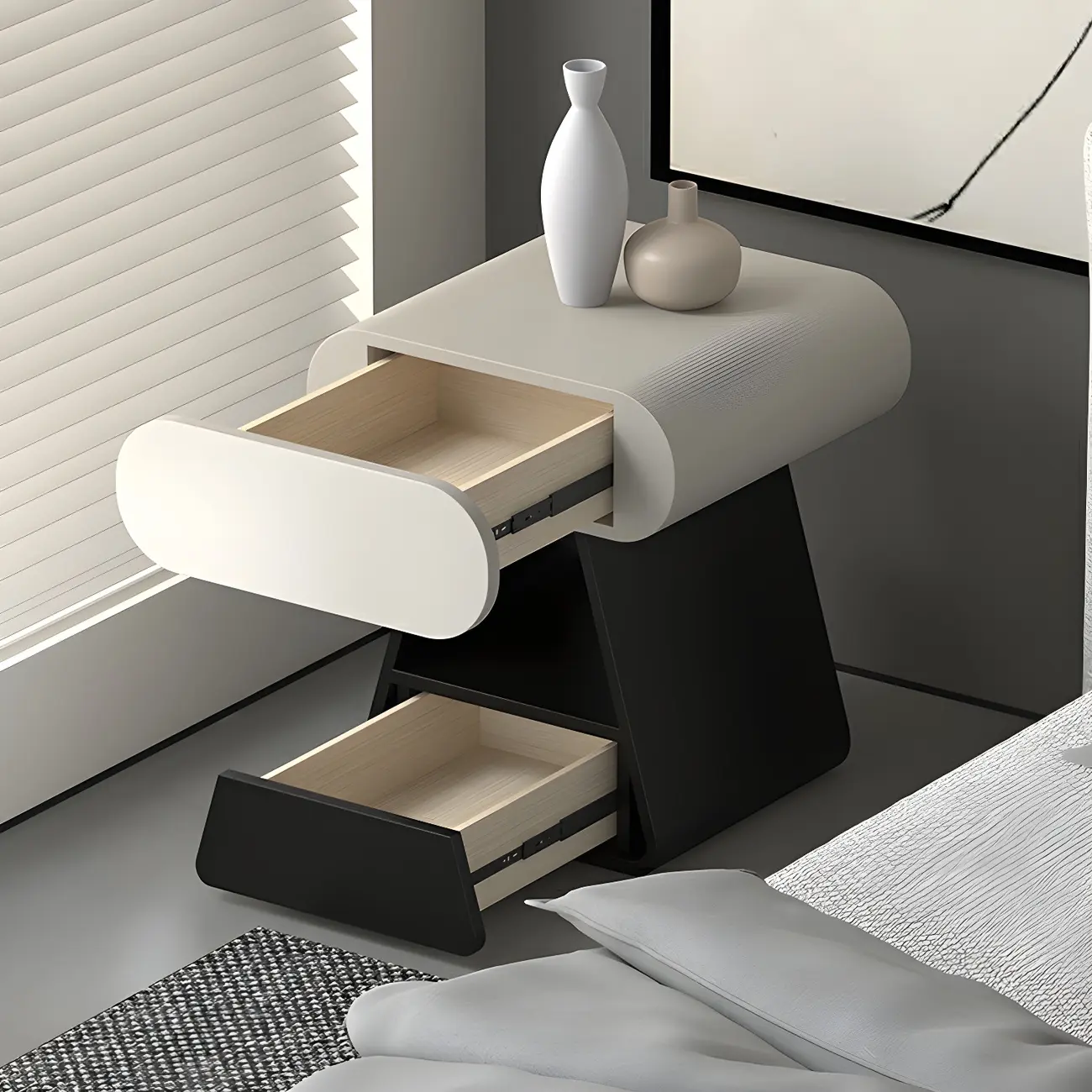 Simple Rectangular Wood Black-White 2 Drawer Nightstand Image - 2 | homeyfad